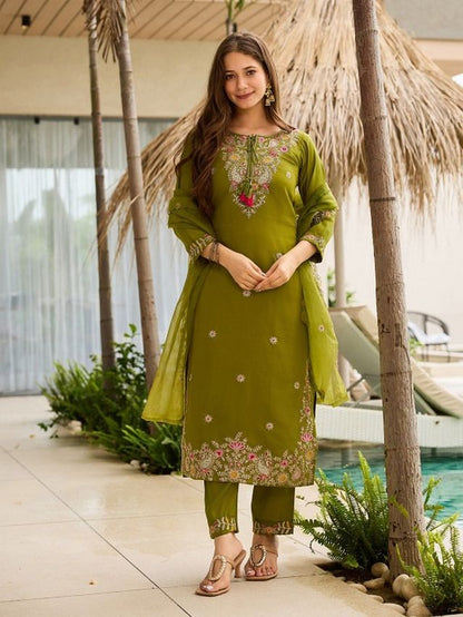 Mahendi Color Rayon Fabric Designer Embroidery Work Graceful Partywear Suit
