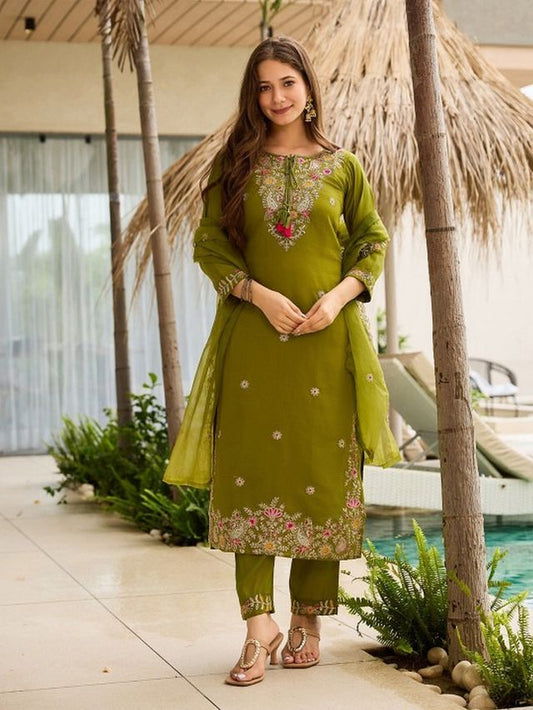 Mahendi Color Rayon Fabric Designer Embroidery Work Graceful Partywear Suit