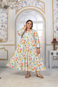 Off White Color Rayon Fabric Designer Printed Plus Size Kurta For Girls