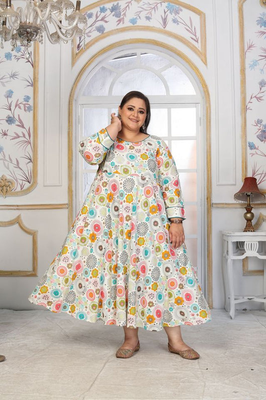 Off White Color Rayon Fabric Designer Printed Plus Size Kurta For Girls