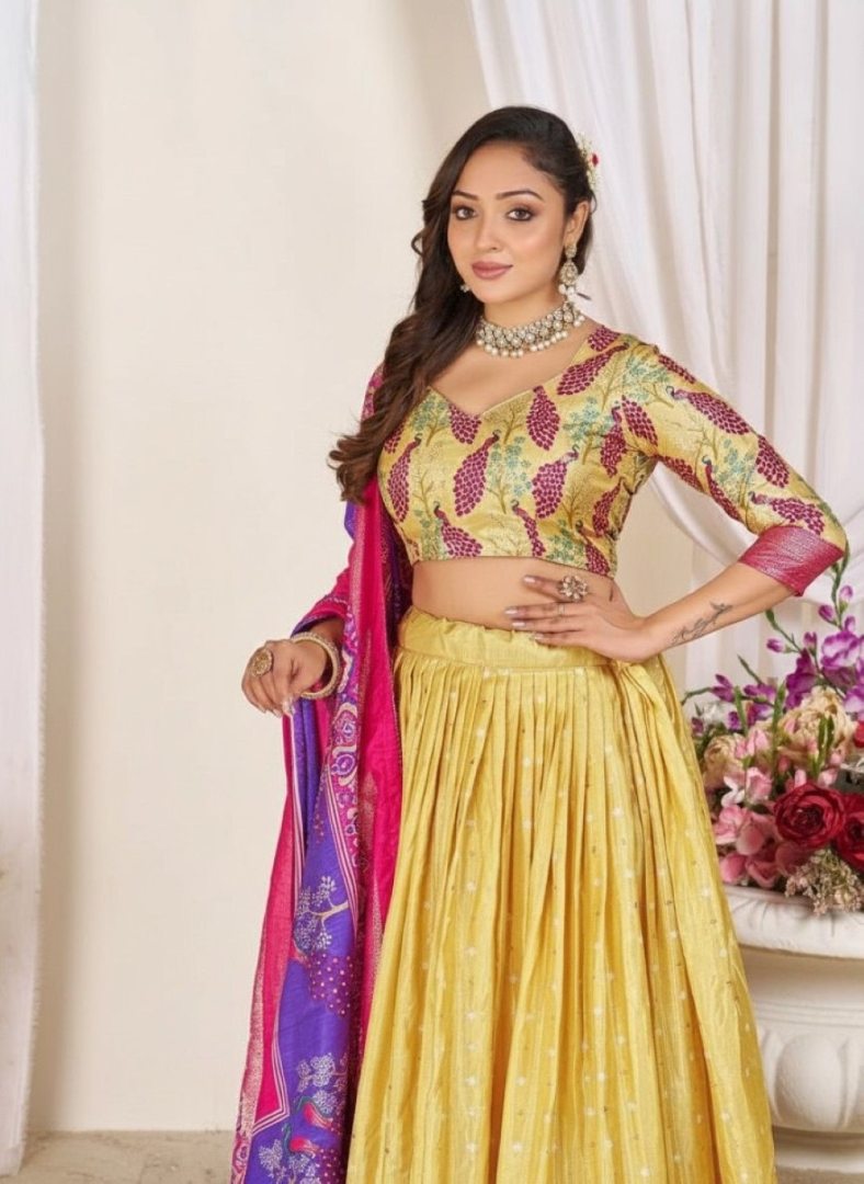 Yellow patola print dola silk semi stitched lehenga choli with tassels
