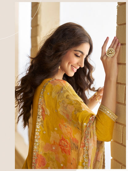 Women's Yellow Chinon Silk Zari Embroidered Sequins Sharara Suit