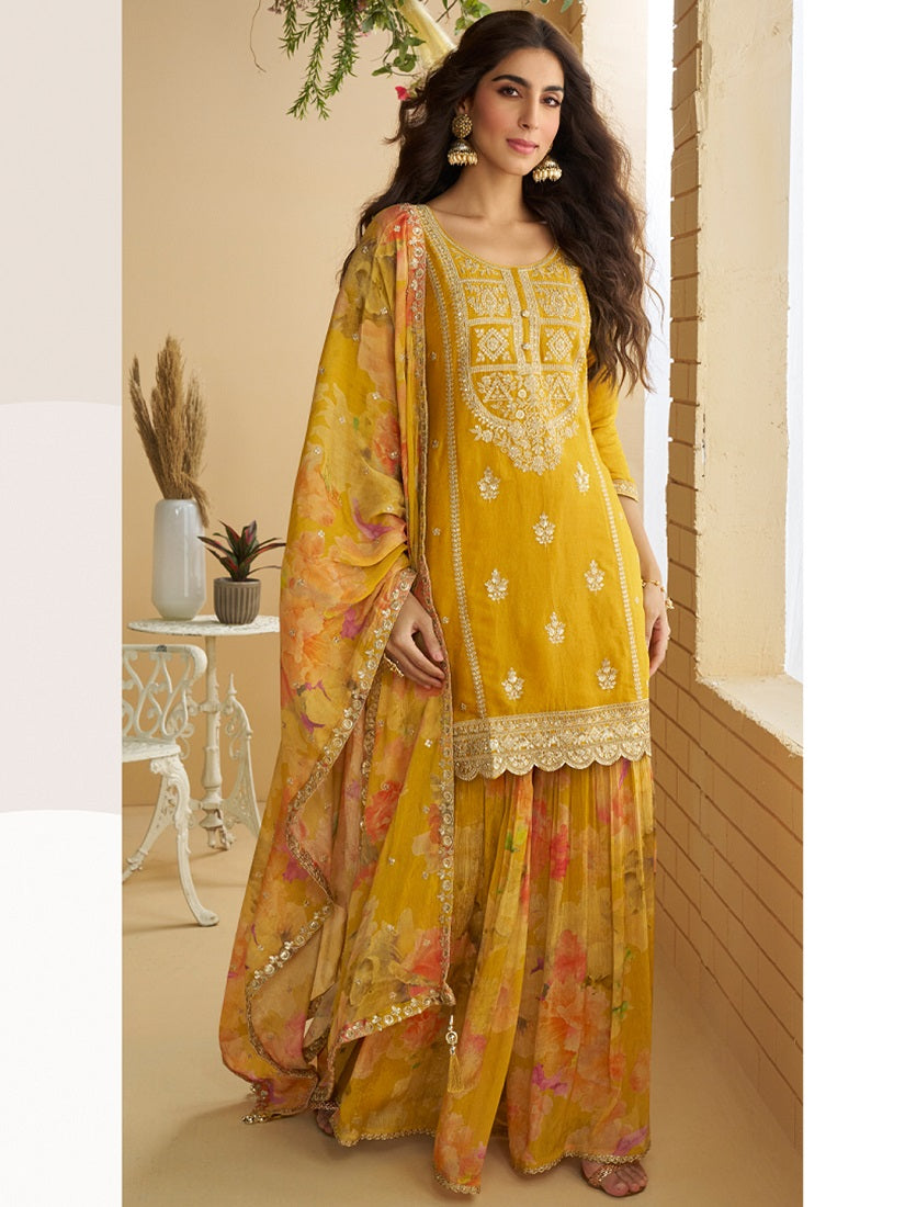 Women's Yellow Chinon Silk Zari Embroidered Sequins Sharara Suit