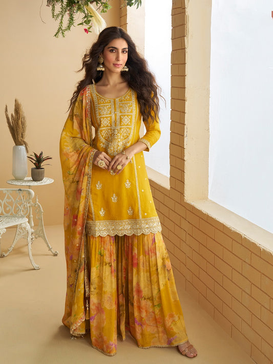 Women's Yellow Chinon Silk Zari Embroidered Sequins Sharara Suit