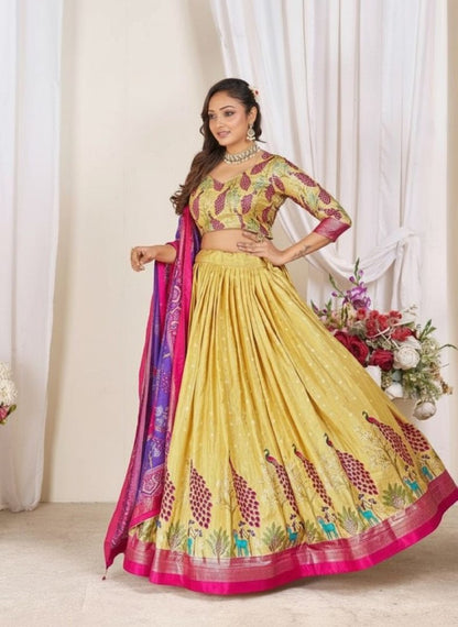 Yellow patola print dola silk semi stitched lehenga choli with tassels