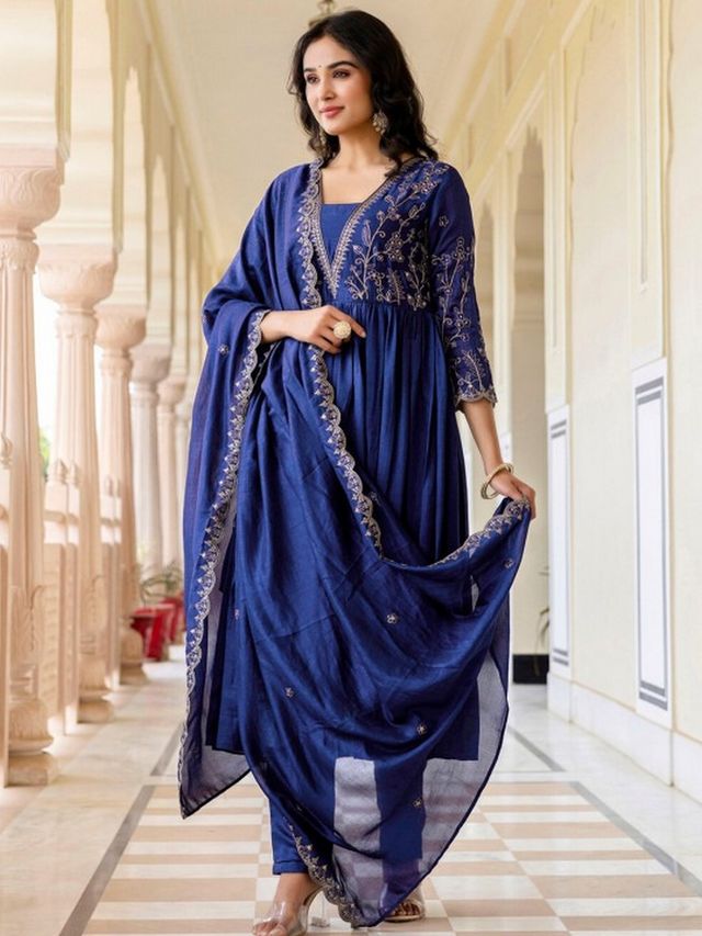 Blue Color Vichitra Silk Fabric Designer Embroidery Work Graceful Partywear Suit