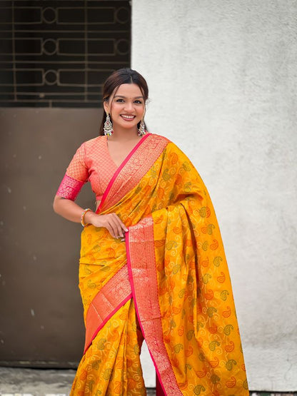 Mustard Color Patola Silk Fabric Woven Meenakari Designer Saree