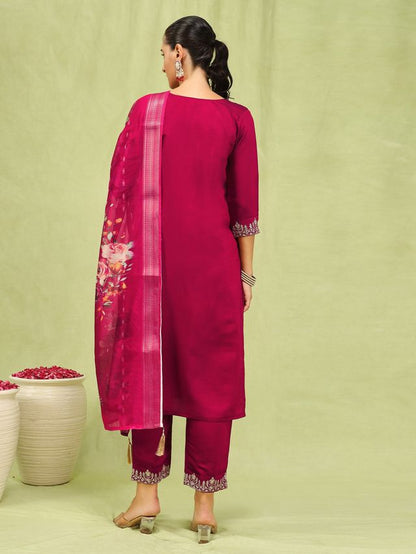 Pink Color Viscose Roman Silk Fabric Designer Embroidered Suit