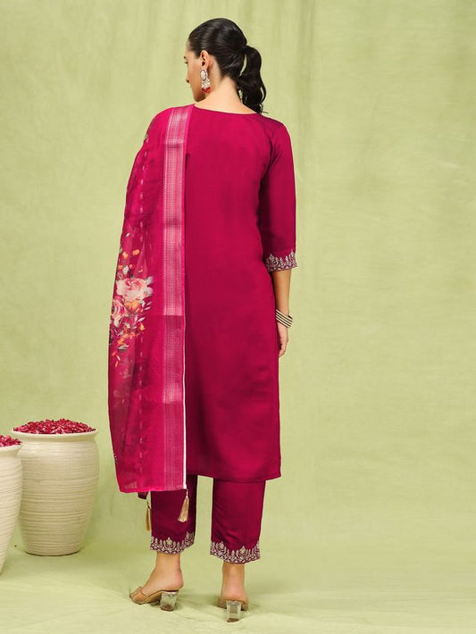 Pink Color Viscose Roman Silk Fabric Designer Embroidered Suit
