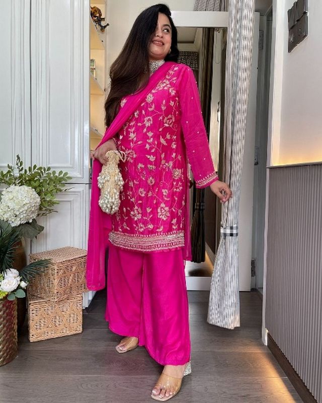 PinkColor Chinon Fabric Designer Embroiderd Stitched Suit