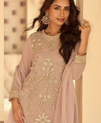 Baby pink pure geogette full stitched suit Free Size upto 42
