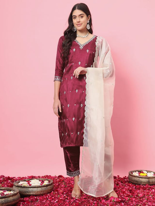 Cherry Red Color Silk Blended Ethnic Partywear Ceremonial Suit