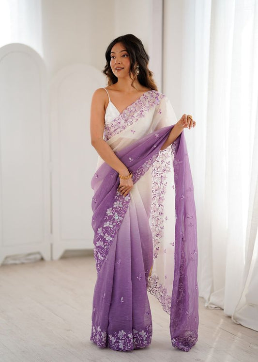 Lavender Color Crunchy Fabric Beautiful Sequins Work Bollywood Style Ceremonial Saree