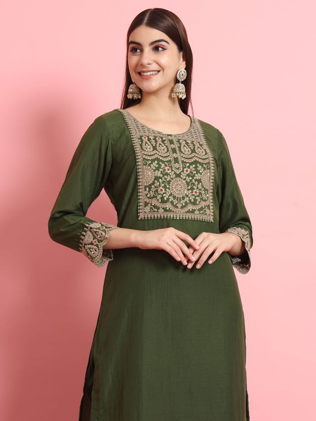 Green Color Designer Embroidered Silk Blend Ethnic Festive Special Suit