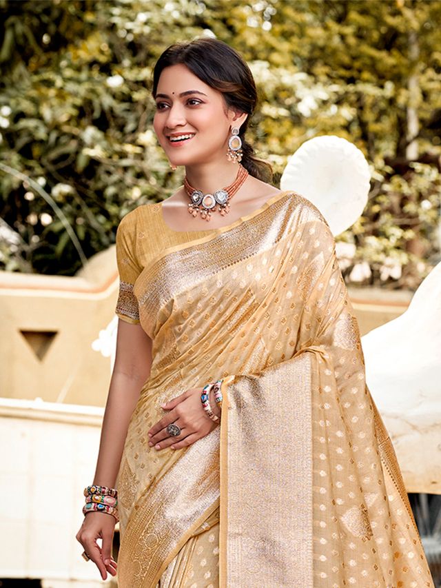 Cream Color Assam Silk Fabric Woven Designer Saree For Party Looks