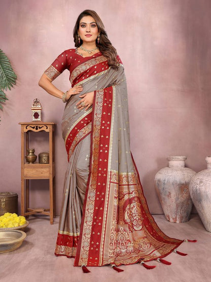 Grey Color Handloom Silk Fabric Weaving Designer Ethnic Partywear Saree