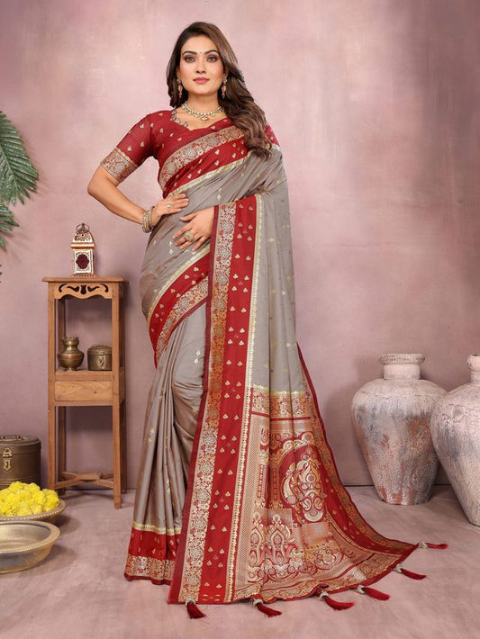 Grey Color Handloom Silk Fabric Weaving Designer Ethnic Partywear Saree