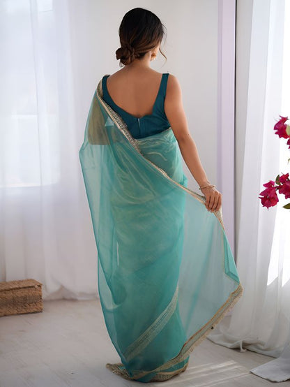 Sea Green Color Stylish Gold Net Fabric Graceful Girlie Saree