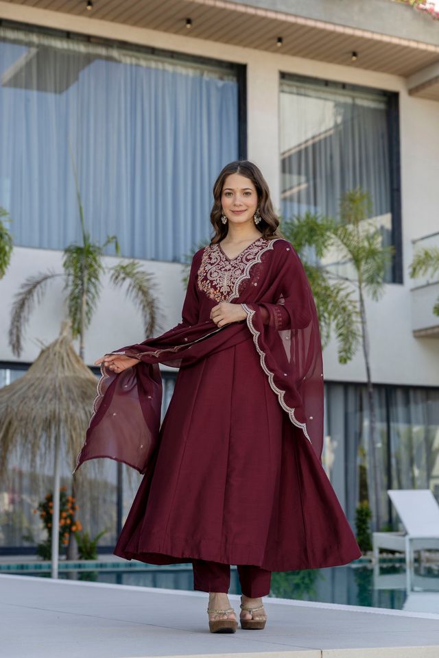 Maroon Chinon Fabric Beautiful Graceful Ceremonial Kurta Set