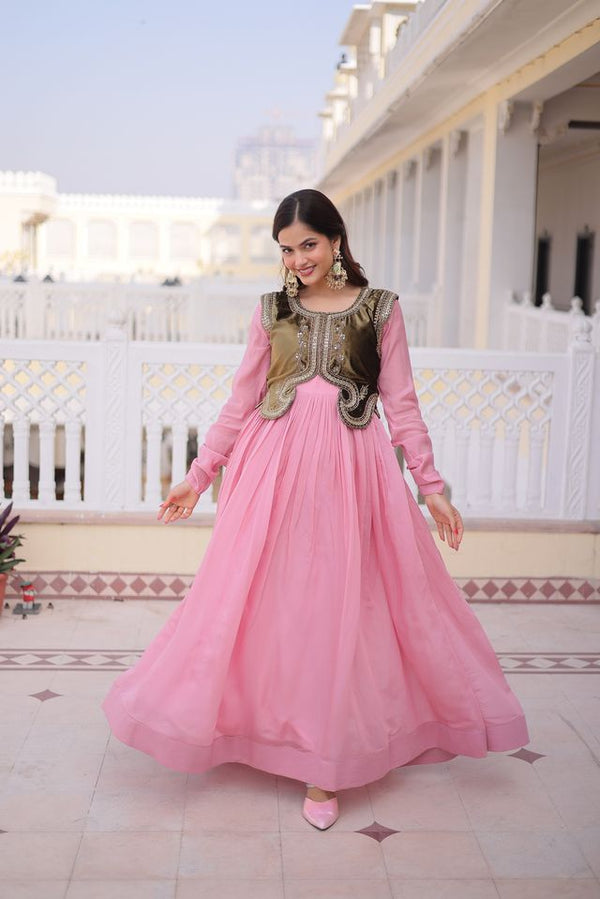 Pink Color Mal Chanderi Fabric Readymade Gown With Koti For Ethnic Partywear Looks