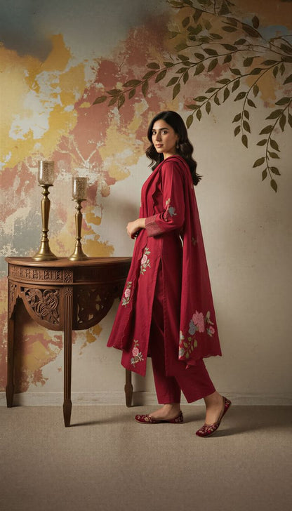 Maroon Color Chanderi Fabric Designer Embroidered Readymade Suit