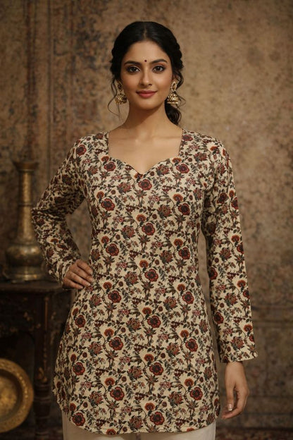 Cream Color Designer Digital Printed Muslin Fabric Foral Ethnic Kurta