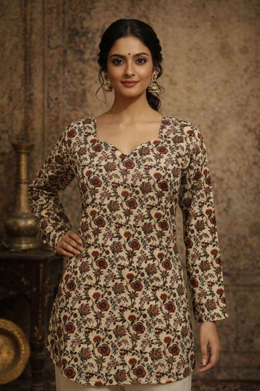 Cream Color Designer Digital Printed Muslin Fabric Foral Ethnic Kurta