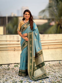 Sky Blue Color Soft Silk Woven Designer Saree For Ceremonial Looks