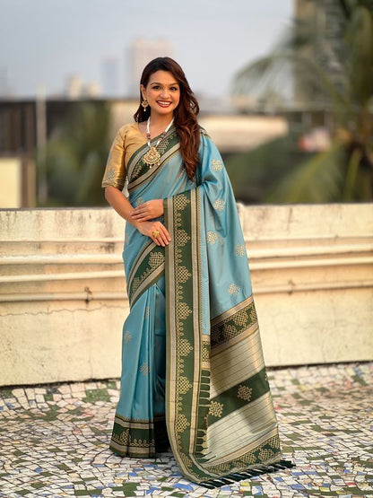Sky Blue Color Soft Silk Woven Designer Saree For Ceremonial Looks
