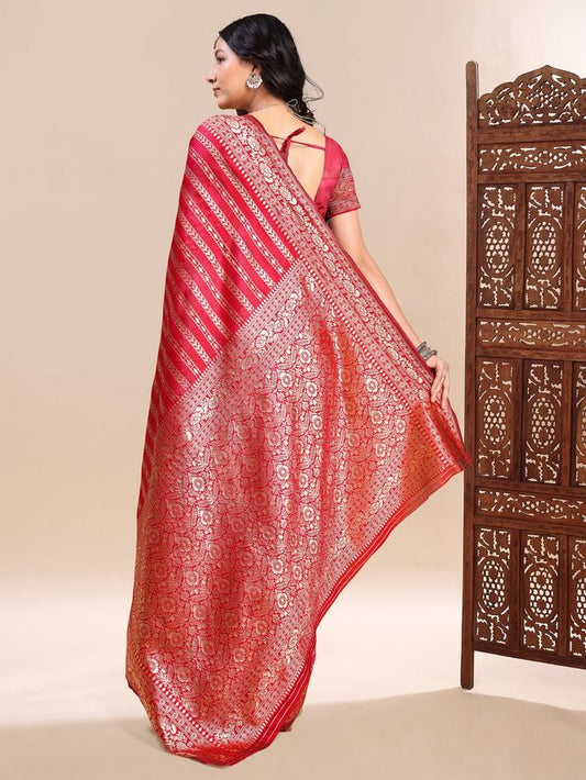 Red Color Ethnic Lichi Silk Fabric Graceful Woven Designer Saree