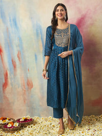 Teal Color Cotton Silk Ethnic Fancy Partywear Suit With Classy Looks