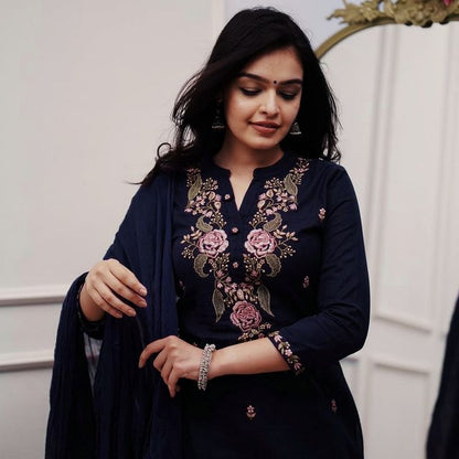 Navy Blue Color Ethnic Cotton Silk Fabric Readymade Kurta Set With Dupatta