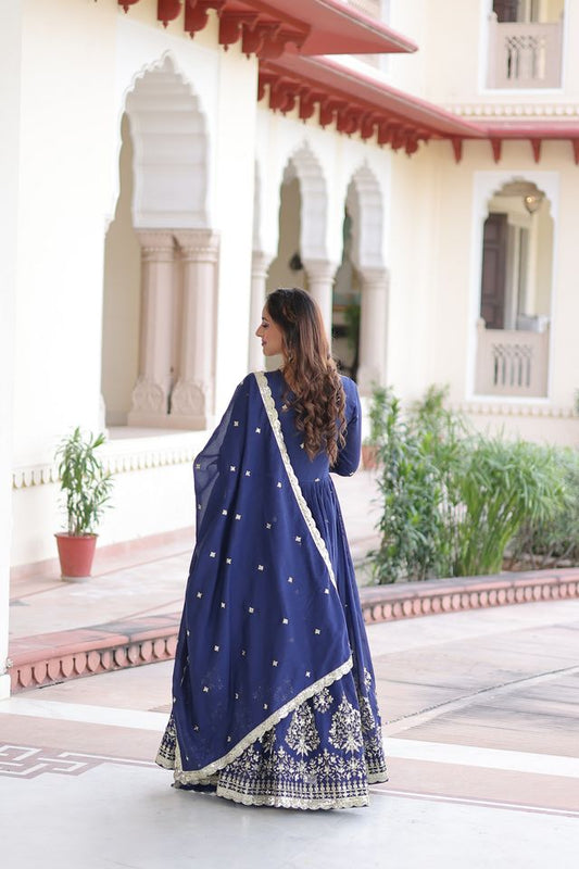Blue Color Heavy Embroidered Ethnic Beautiful Gown With Dupatta