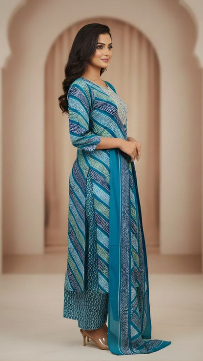 Firozi Color Cotton Fabric Stylish And Trendy Kurta Set For Ethnic Girls