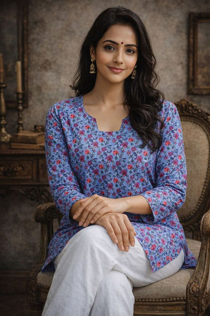 Blue Color Designer Digital Printed Muslin Fabric Foral Ethnic Kurta