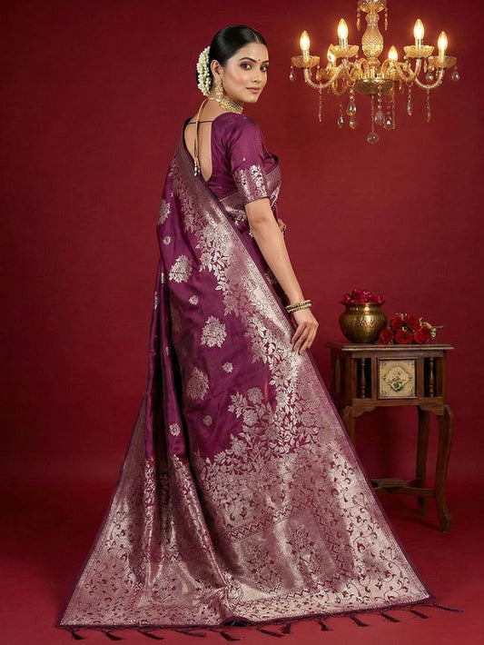 Purple Color Beautiful Silk Blend Fabric Woven Designer Ethnic Ceremonial Saree