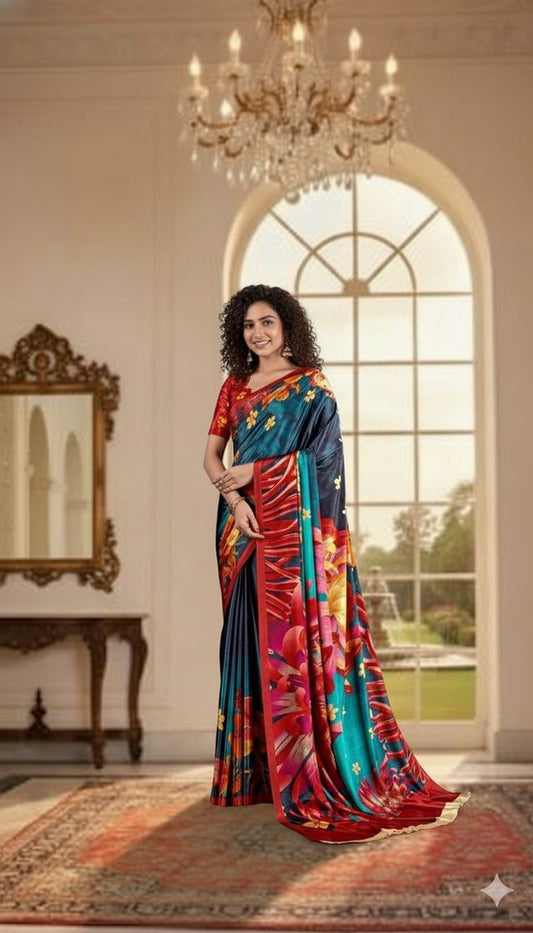 Blue Color Deisgner Printed Crepe Silk Saree for Ceremonial Presence