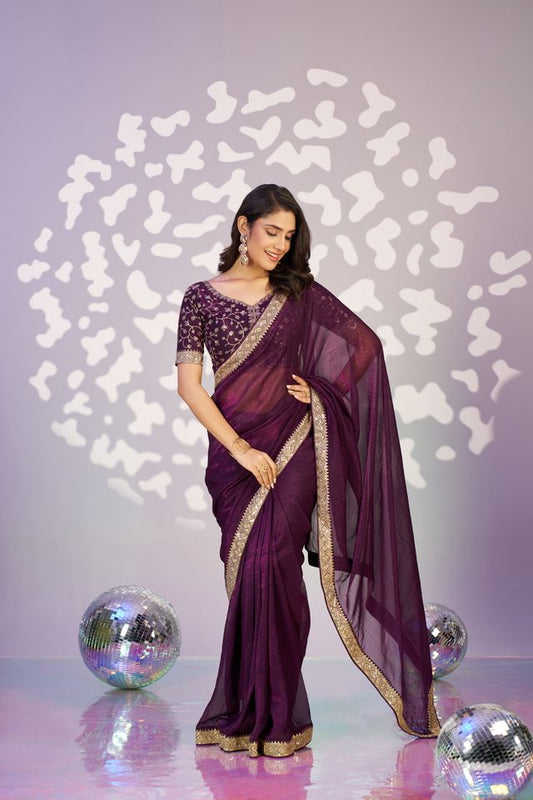 Wine Color Crunchy Fabric Embroidery Work Ready To Wear Saree
