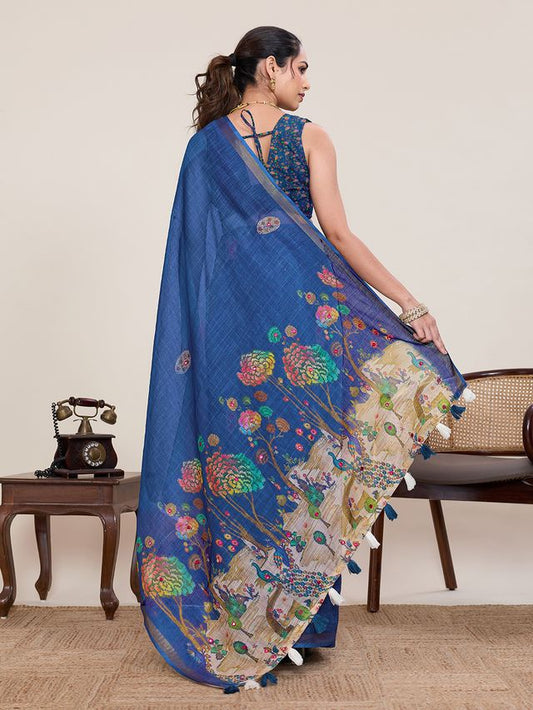 Blue Color Linen Silk Fabric Ethnic Partywear Saree