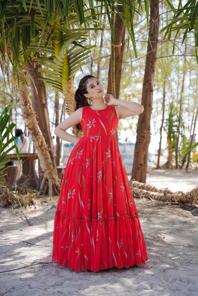 Party wear readymade muslin gown collection digital printed work  Red