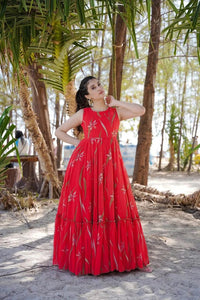 Party wear readymade muslin gown collection digital printed work  Red