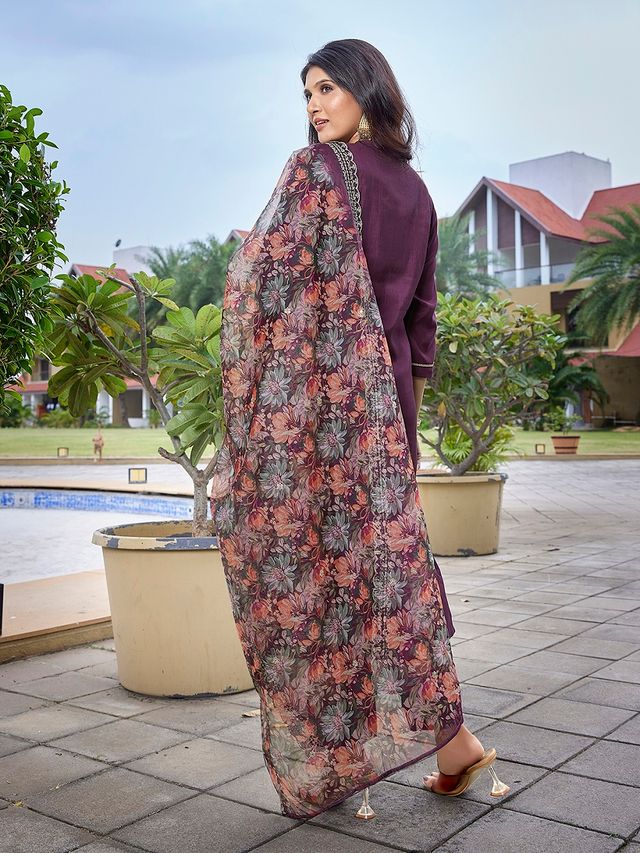 Wine Color Stylish Partywear Readymade Ethnic Suit