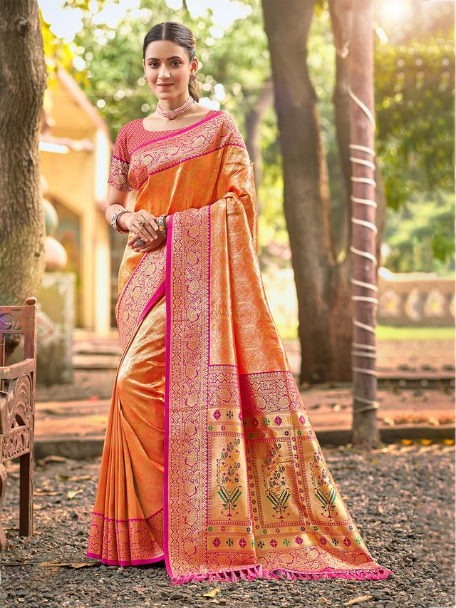Orange Color Kanjivaram Silk Ethnic Fancy Meenakari Designer Saree
