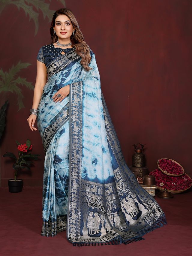 Blue Color Satin Silk Fabric Saree For Ethnic Indian Looks