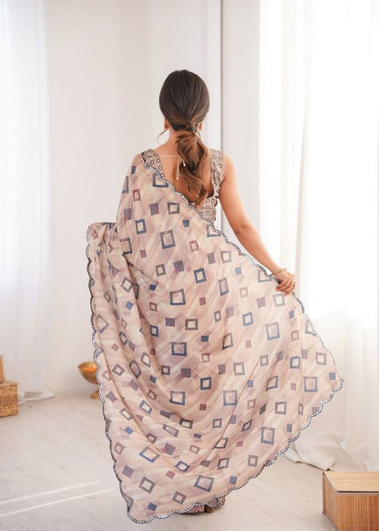 Brown Color Chinon Fabric Digital Print Smart Ethnic Saree
