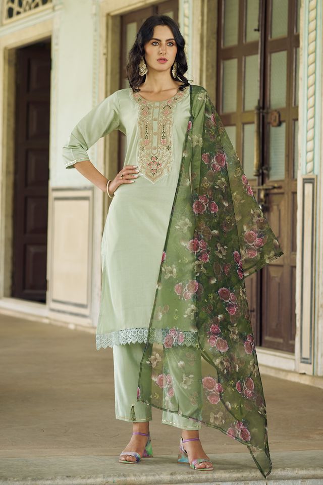 Pista Color Viscose Rayon Fabric Beautiful Embroidered Kurta Set With Dupatta
