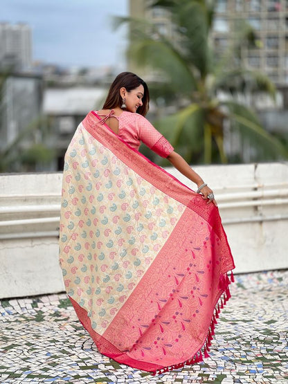 Cream Color Patola Silk Fabric Woven Meenakari Designer Saree