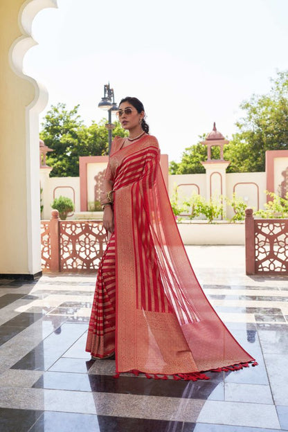 Red Color Beautiful Woven Designer Partywear Ethnic Saree