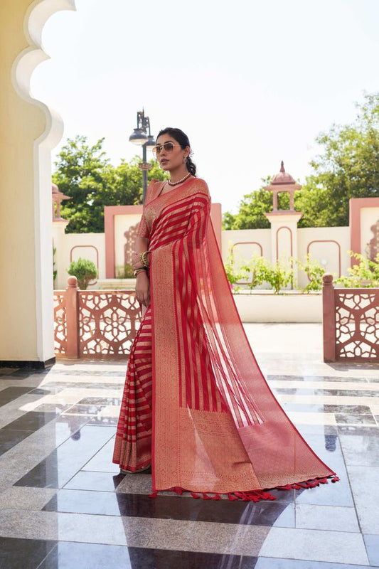 Red Color Beautiful Woven Designer Partywear Ethnic Saree