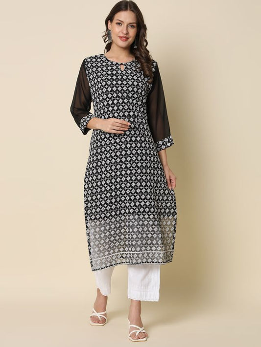 Black Color Georgette Fabric Chikankari Work Formal Kurta For Girls